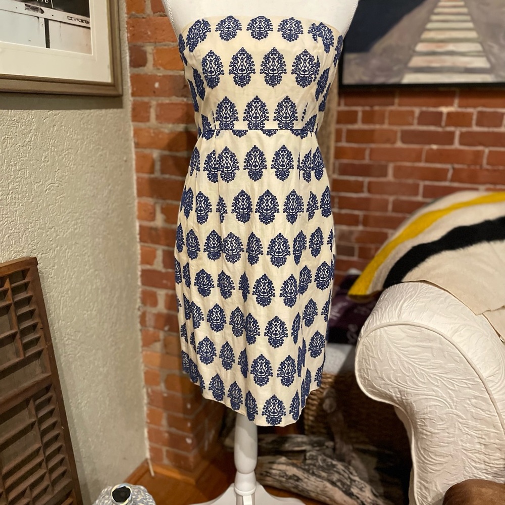 J. Crew Cream and Blue Filigree Strapless Dress